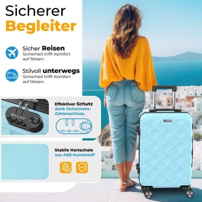 Набір дорожніх валіз KESSER з 3 предметів, ABS пластик, жорсткий корпус, кодовий замок, ваги для багажу та дорожній гаманець, колеса 360°, Sky Blue