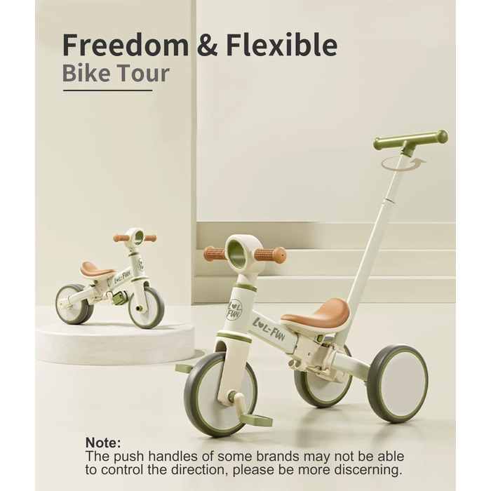 Дитячий біговел-триколіс LOL-FUN 5-в-1 з ручкою для штовхання, зелений оливковий, для хлопчиків та дівчаток від 1 року