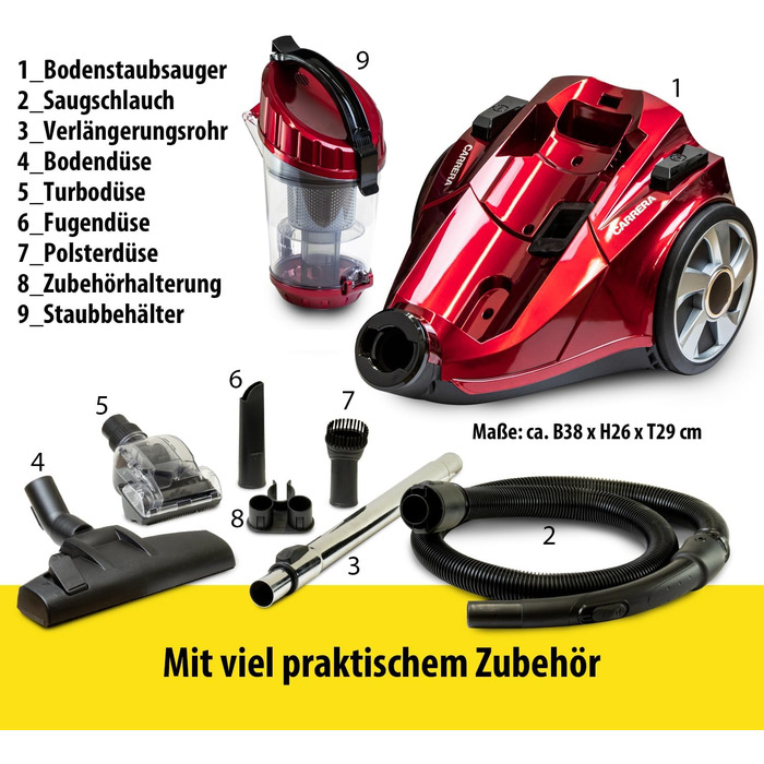 Пилсос Carrera з HEPA-фільтром, 800W, червоний – пилосос для підлоги з кабелем, компактний