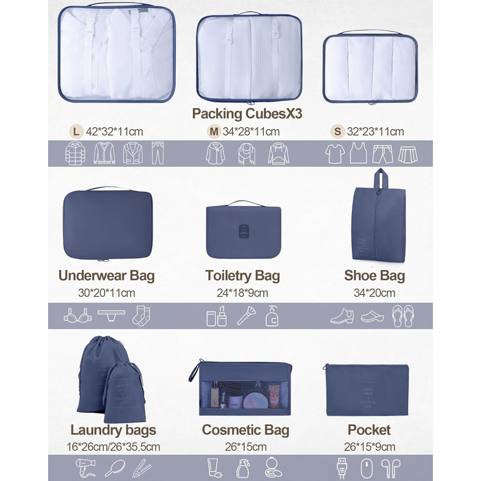 Набір органайзерів для подорожей Anjing (10 предметів), водонепроникні пакувальні куби для валізи, компактний набір для зберігання речей у дорогу, темно-синій