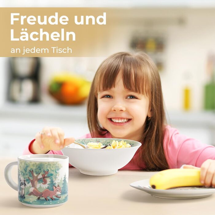 MIAMIO Набір дитячого посуду 3 шт. з порцеляни (тарілка, миска, чашка) - для дітей та малюків (ліс)