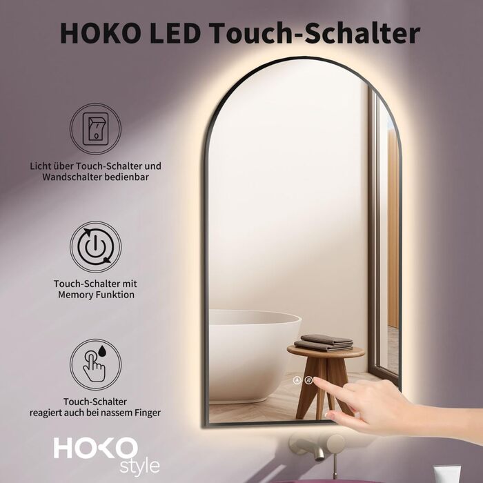 Дзеркало для ванної кімнати LED HOKO Design Turin, овальне, 45x75 см, матовий чорний каркас, сенсорне керування, світлодіодне підсвічування, зміна кольору світла (тепле/холодне/нейтральне), антизапарювання