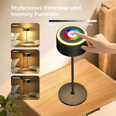 Бездротова LED-лампа TYEE з регулюванням яскравості, акумуляторна, 3000-6000K+RGB, USB-C, водонепроникна IP54, для дому та вулиці, алюміній, чорна
