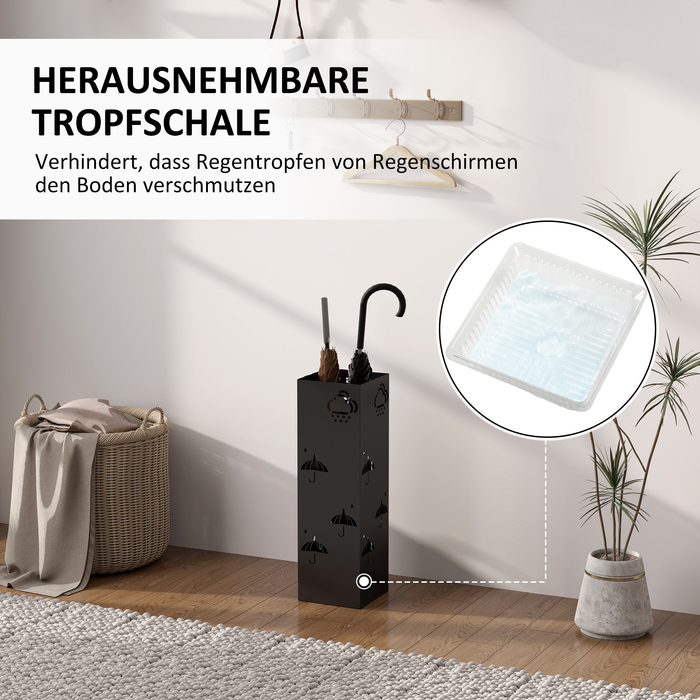 Підставка для парасольки HOMCOM Тримач для парасольки з 4 гачками, знімний піддон для крапель води Декоративний тримач парасольки для парасольки, парасольок і палиць для ходьби сталевий 15,5 x 15,5 x 49 см Чорний | Аосом