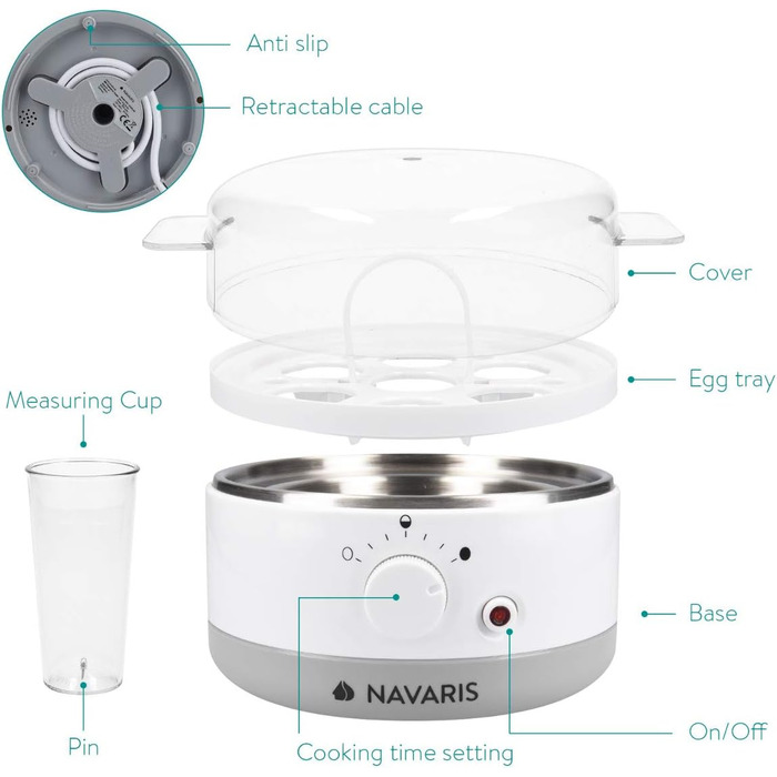Яйцеварка Navaris на 1-7 яєць - в т.ч. мірна чашка для води з яєчним пуншем - регульована жорсткість - 350 Вт - 22x17,5x14,5 см - Яєчна плита біла