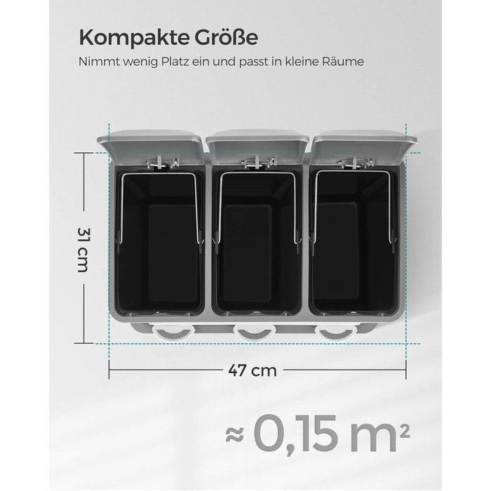Сортувальний смітник для кухні SONGMICS, 3 x 8 л, стальний педальний бак з кришкою, три секції, біло-сірий, для невеликих сімей