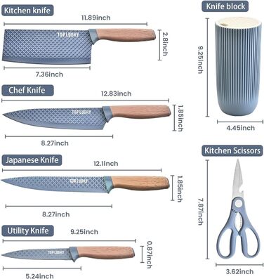 Набір кухонних ножів, 6 предметів, чорний, гострий, з антипригарним покриттям, нержавіюча сталь, з підставкою (блакитна)