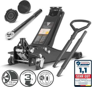 Гідравлічний домкрат Stahlwerk 3т низькопрофільний (73-500мм) з набором для заміни коліс, чорний