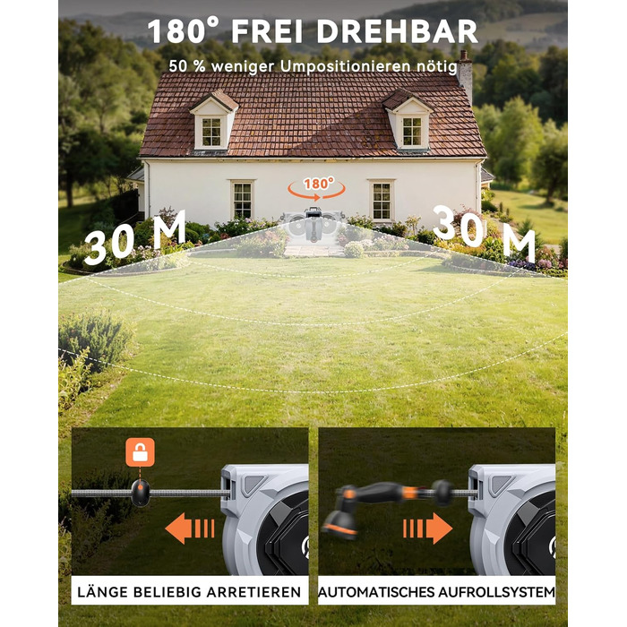 Шланговий барабан SUNPOW настінний 30м для саду, тераси та двору. Автоматичний намотувач шланга 16 мм з фіксацією, поворотна стійка 180°, 10-функціональна насадка для поливу.