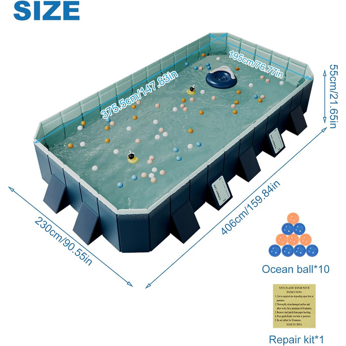 Дитячий басейн Kyaoayo, складний ненадувний сімейний басейн, садовий басейн для дорослих, сімейний басейн літній, синій. (40623055 см)