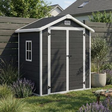 Сарай садовий STEELSØN Novara 192x92x151 см - пластиковий, з вікном, під дерево, темно-сірий, дах двосхилий