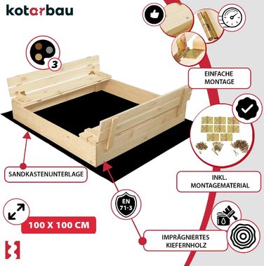 Пісочниця KOTARBAU® з кришкою, 120x120 см, дерево, з лавками