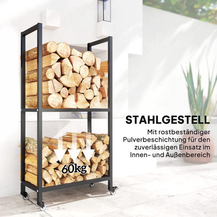 Стильна полиця для дров Outsunny з металу, 60 x 30 x 119 см, 2 яруси, з колесами, чорного кольору