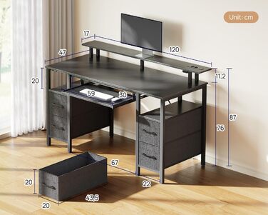 Комп'ютерний стіл Rolanstar з ящиками, 120x47 см, ігровий стіл з розеткою, LED-підсвітка та підставка для монітора, стіл для дому, офісу, вітальні, білий (чорний)