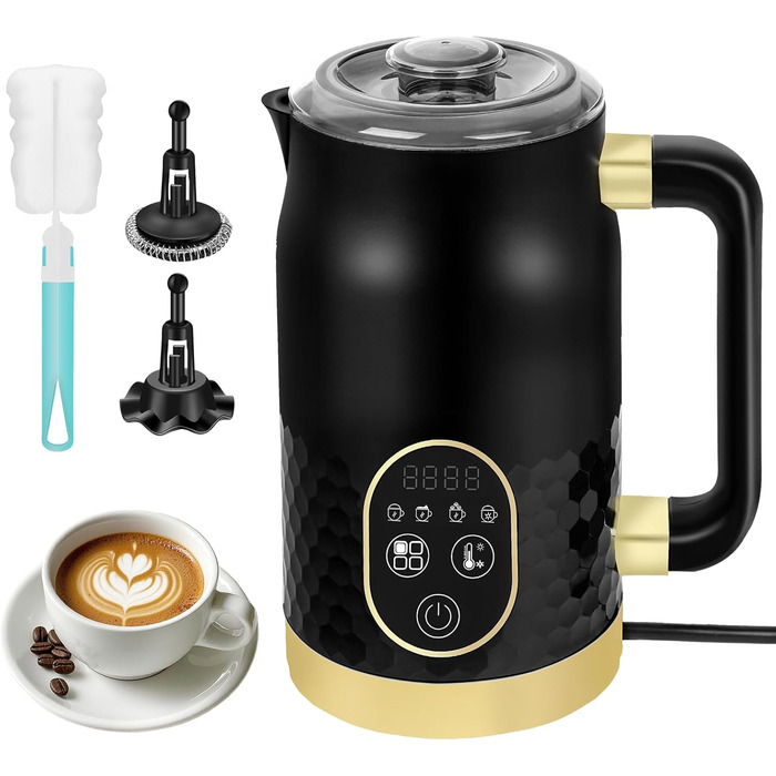 Електричний піноутворювач молока 4-в-1 з контролем температури. Підходить для капучино, лате та гарячого шоколаду. 2 насадки для різних типів пінки.