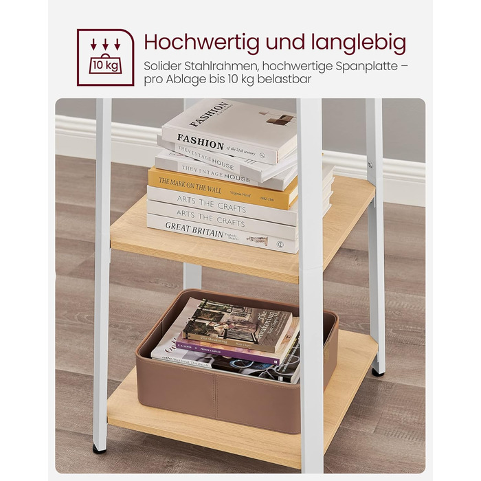 Стійка для одягу VASAGLE з 8 гачками, 4 полицями та вішалкою, металевий каркас, для шалей, курток, сумок, для прихожого, золотий дуб + білий, LCR080W09