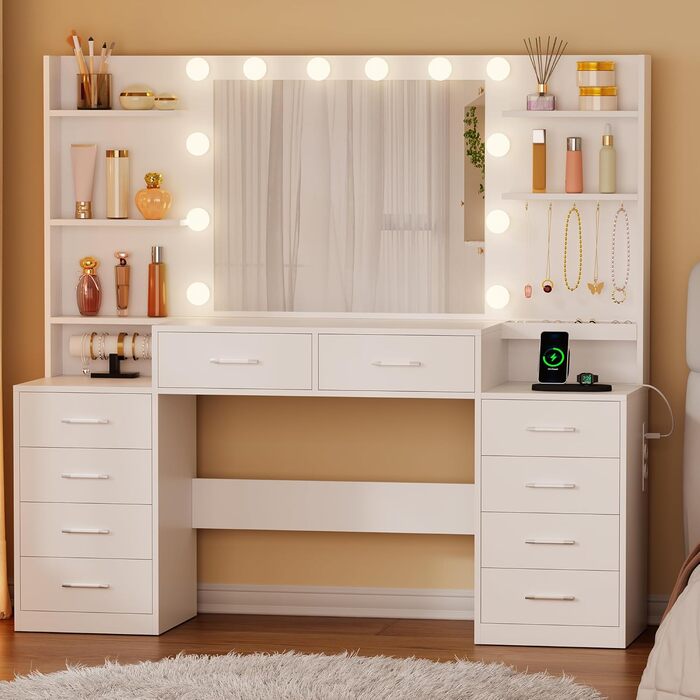 Трюмо BEWISHOME з дзеркалом, регульованою LED-підсвіткою та розетками, 10 шухлядами, 5 полицями, гачками та органайзером для прикрас, сучасний дизайн, білий колір, EFST52W