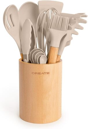 Набір кухонних аксесуарів 11 предметів, кремово-білий, силікон та бука, BPA-free, стійкий до 230°C