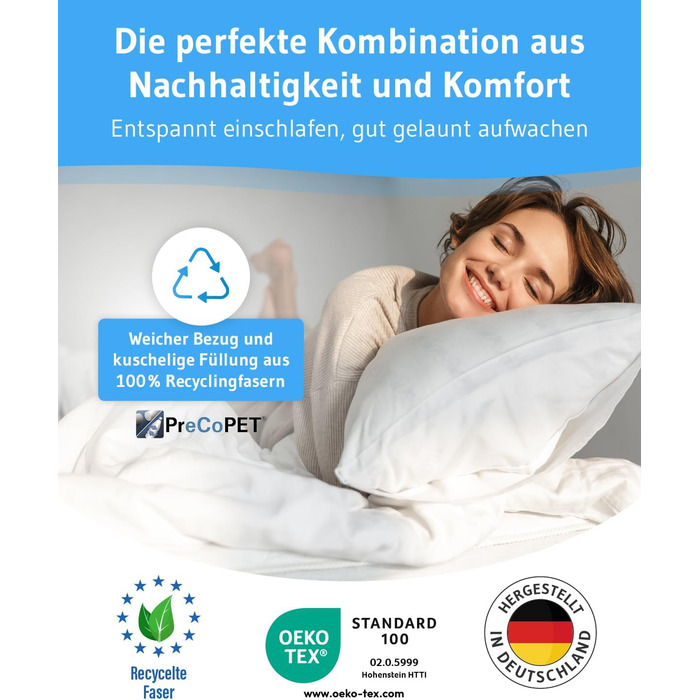 Подушка 80x80 VERDA, 100 екологічна, Зроблено в Німеччині, Ортопедична подушка для сну 80 x 80, Оббивка з перероблених волокон, Регульована по висоті підходить для тих, хто спить на животі, спині, на боці, алергікам (40 x 40 см)