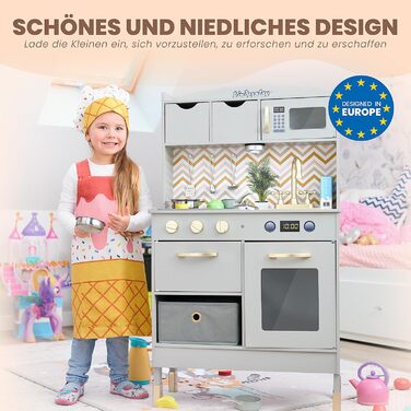 Дерев'яна дитяча кухня Kinderplay з LED та звуками приготування їжі – регульована висота 92–107 см – іграшкова кухня для ролевих ігор від 3 років – повний комплект з аксесуарами, світло-сірий колір Elegant - світло-сірий