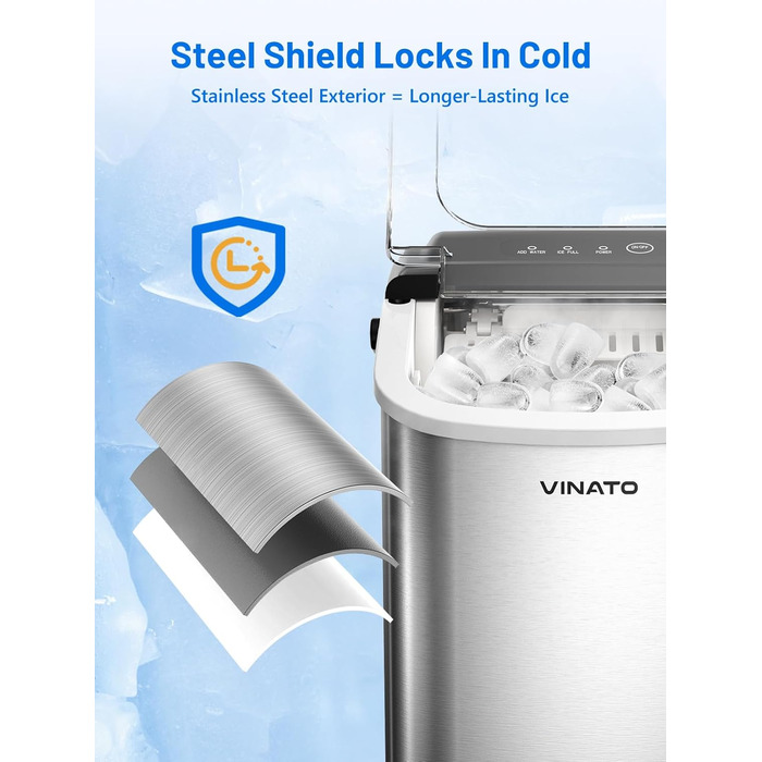 VINATO Льодогенератор портативний для дому та офісу, 12 кг/24 год, срібний. Швидке виробництво льоду (6-8 хв), з лопаткою та кошиком.