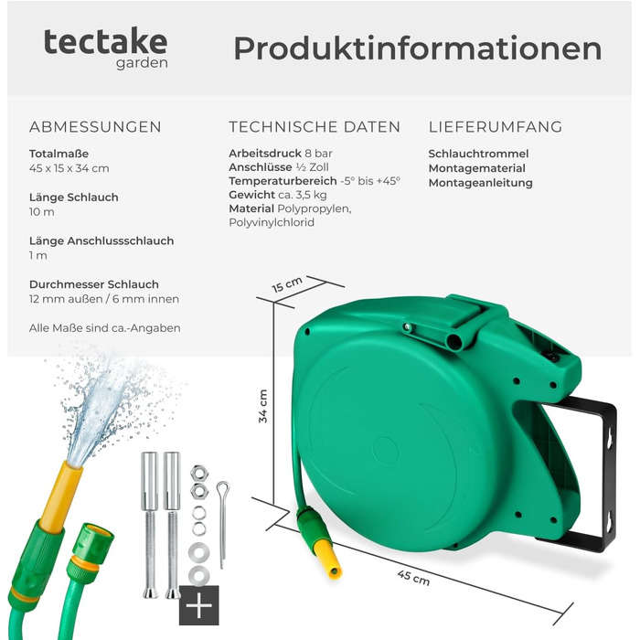 Шланговий барабан Tectake® для стіни, 1/2 дюйма, 10 м, з автозмотуванням. Шланг садовий, котушка для шланга, барабан для поливу, розпилювач.