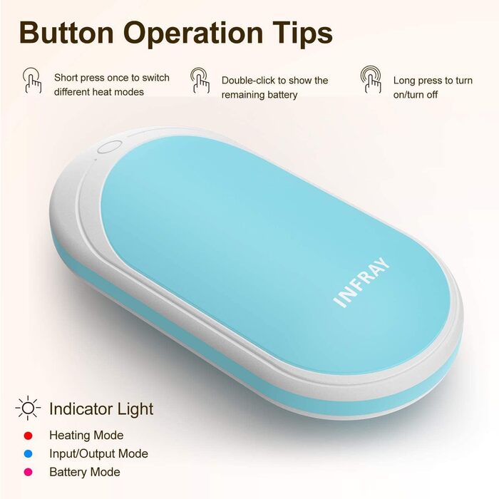 Infray грілка для рук USB, акумулятор 5200mAh, електрична грілка для рук з двостороннім нагрівом, синій - ідеальний подарунок на зиму для жінок та чоловіків