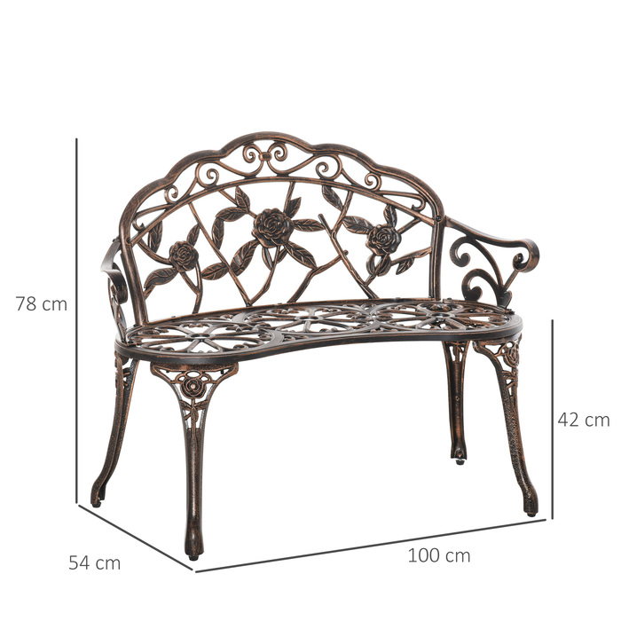 Металева лавочка для саду на 2 особи в ретро стилі з квітковим візерунком, 100 x 54 x 78 см, бронзового кольору