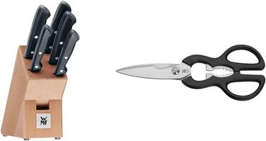 Набір ножів WMF Classic Line з бруском та кухонними ножами (6 шт.) та кухонними ножицями 21 см, ножиці для кухні з зубчастим лезом, ножиці для дому, нержавіюча сталь, пластикова ручка, універсальні ножиці з відкривачкою