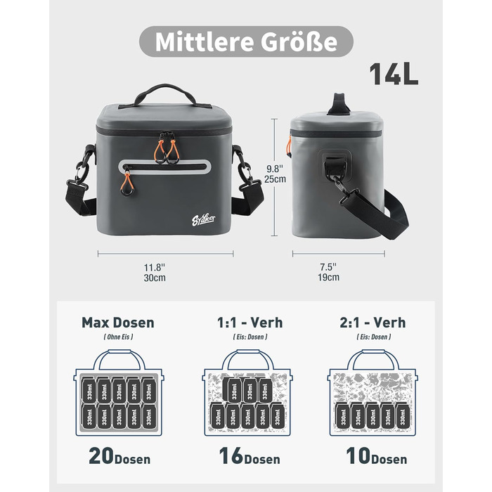Термосумка-холодильник 14л ізольована водонепроникна темно-сіра для кемпінгу, пікніка, пляжу та грилю