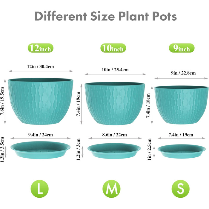Великі горщики для квітів 3 шт. (12+10+9 дюймів), 30.5x25.4x25.4x22.9 см, для дому та саду, з водозливними отворами, блакитно-зелені, з ефектом хвилі, міцний пластик