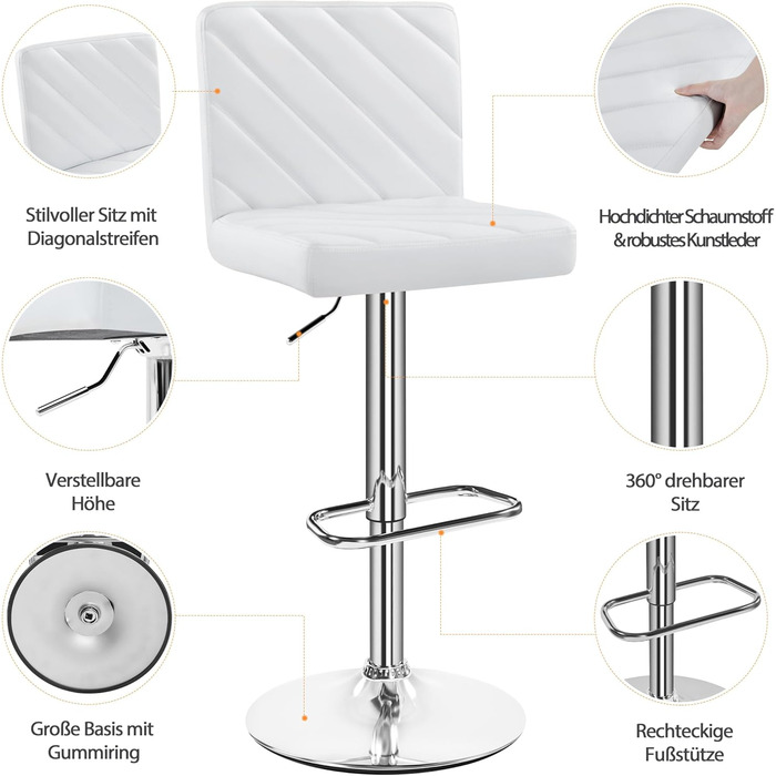 Барні стільці Yaheetech 2 шт. регульовані по висоті, обертаються, 62,5-84,5 см, 136 кг, з штучної шкіри та сталевим каркасом, для кухні/бару, білий (без підлокітників)
