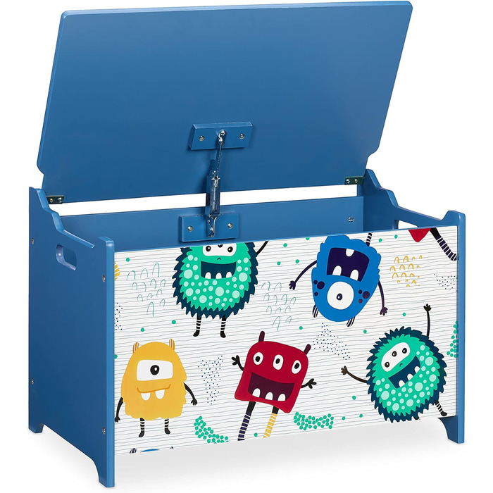 Скриня для іграшок Relaxdays, дизайн монстрів, ящик для іграшок з кришкою, HWD 39x60x36.5 см, МДФ, ящик для іграшок, синій/білий