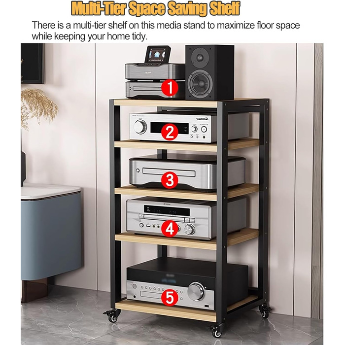 Аудіо стійка Hi-Fi, 5-поверхова AV медіа-полиця на колесах, велика місткість для стерео-компонентів, шафа для електроніки, чорна
