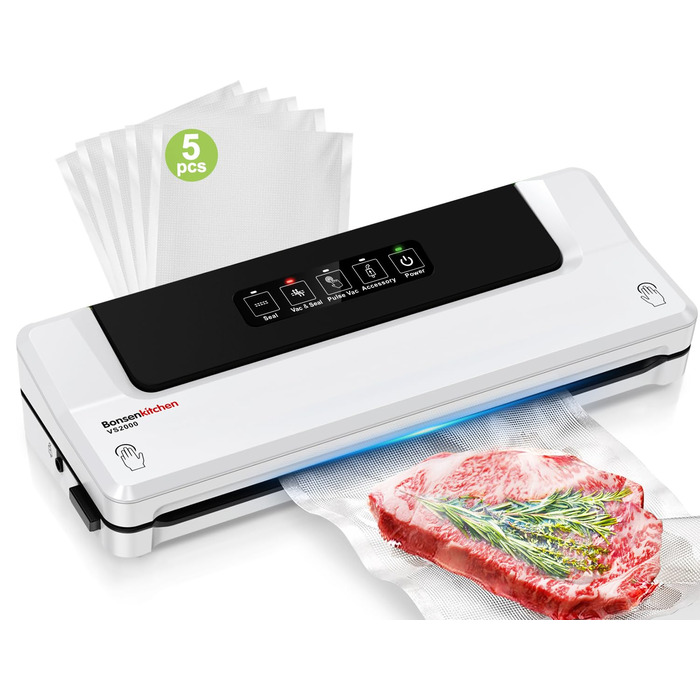 Вакууматор для продуктів Bonsenkitchen — швидкий вакуумний пакувальник з функцією запайки, білий (комплект: 5 пакетів та шланг)