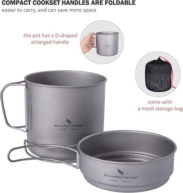 Набір посуду iBasingo Titan Becher Pfannen Set: 1100мл та 300мл для кемпінгу, туризму та пікніків. Легкий та компактний посуд з нержавіючої сталі з ручками-складанням. Набір для однієї людини Ti2053C