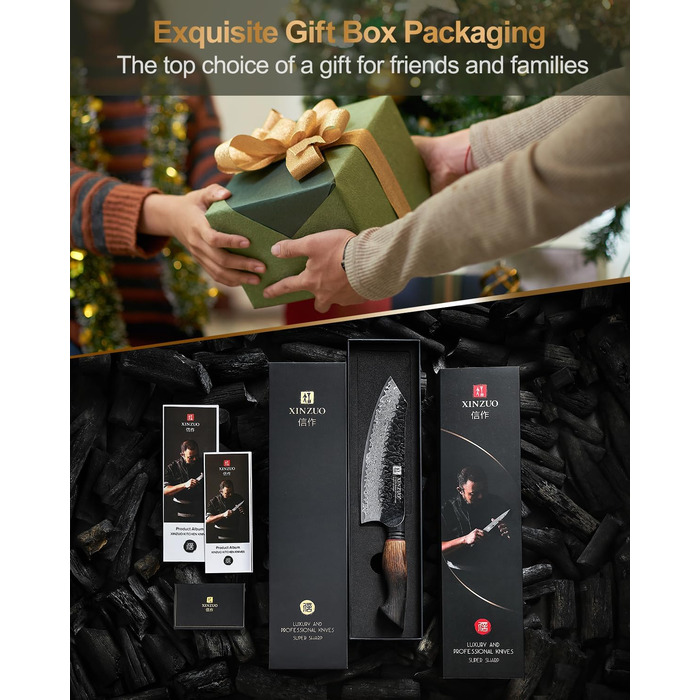 Ніж Сантоку XINZUO Damaststahl 19,3 см з нержавіючої сталі Дамаск, професійний кухонний ніж, серія Mo, ергономічна ручка з білого дуба