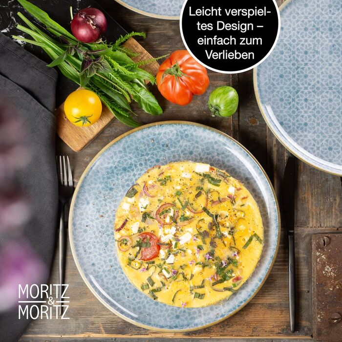 Набір посуду Moritz & Moritz TERRA на 6 осіб: 6 тарілок для їжі, десертних тарілок, мисок (Азурний блакитний), 6 великих тарілок з високоякісного порцеляну