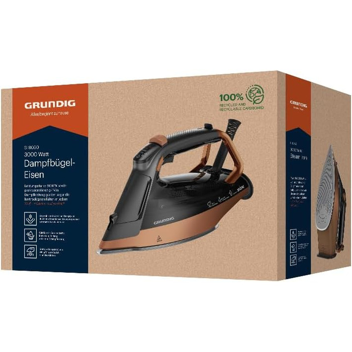 Праска Grundig SI 8050 з датчиком руху SteamSense, 3000 Вт, керамічна підошва, автоматичне відпарювання, Drip Stop, чорно-коричневий колір
