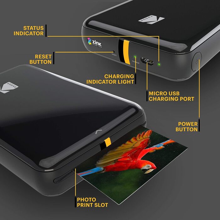 Фотодрук KODAK Step: Портативний міні-принтер для смартфонів, друк фотографій 2x3” на плівці Zink, Bluetooth, iOS & Android, чорний