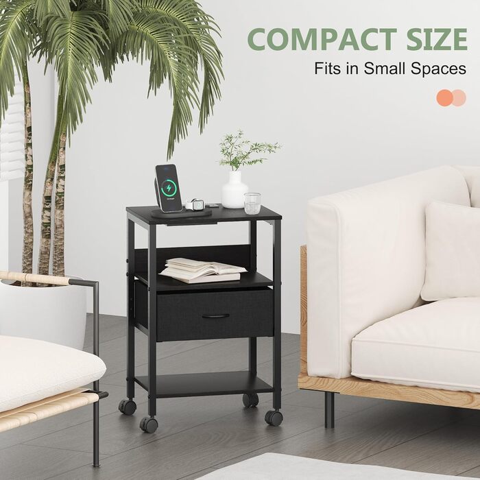 Нічний столик з бездротовою зарядкою, 2 розетки AC та 2 USB, з шухлядою, на колесах, чорний, білий