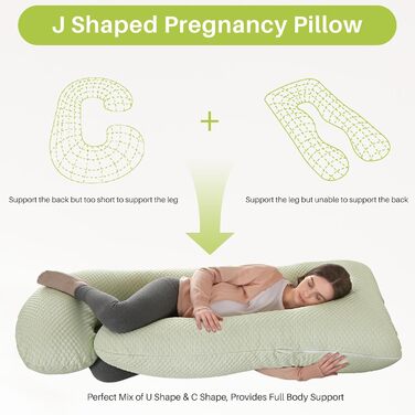 Подушка для вагітних GKXLH - J-подібна подушка для підтримки спини, живота та стегон. Знімний чохол з ефектом охолодження (Iced Bean Green)
