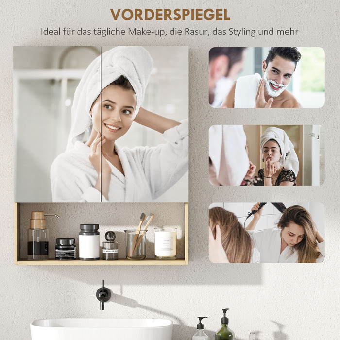 Шафа для ванної кімнати з дзеркальними дверцятами, відкрита полиця, монтаж на стіну, виготовлена з МДФ та ДСП, колір 