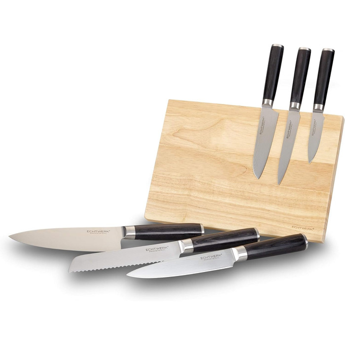 Набір кухонних ножів ECHTWERK Damast 7 предметів: кухонні ножі, ніж для хліба, ніж для філе, сантоку, універсальний ніж, ніж для очищення, ручки з пака-дерева, магнітний дерев'яний підставка