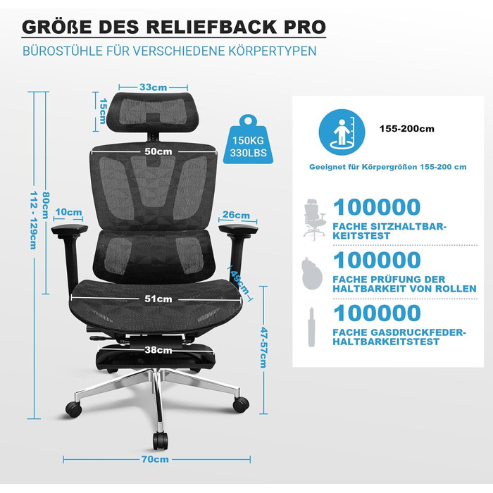 Ергономічне крісло для офісу, 4D підлокітники, регульована глибина сидіння, 4-ступеневий нахил, гумові колеса, сітчаста сидіння, висока спинка, для великих людей, Homeoffice & Gaming, ергономічне крісло для робочого столу (Чорний – з підставкою для ніг, с