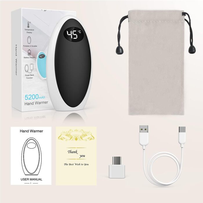 Грілка для рук Powerbank 5200mAh, USB, електрична, для активного відпочинку, зимовий подарунок для дітей, жінок та чоловіків (Чорний)