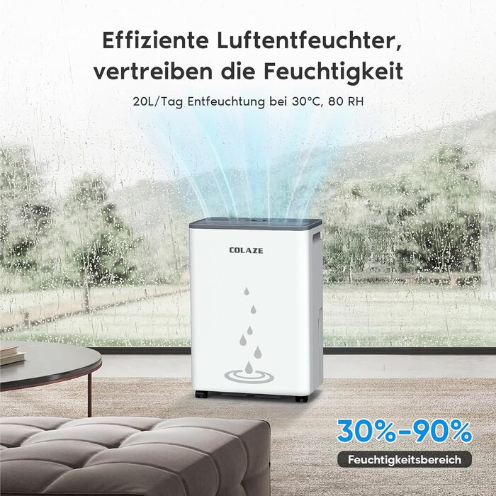 Електричний осушувач повітря COLAZE 20L/24H для дому, підвалу, вітальні. Осушувач повітря для приміщень до 150 м³ (50 м²). Тихий, для квартири, будинку.