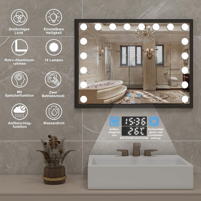 Дзеркало для ванної кімнати YOURLITE з LED-підсвічуванням 100x60 см, сенсорне управління, годинник, антизапотівання, 3 кольори світла, регулювання яскравості, функція пам'яті, білий/чорний