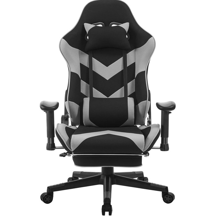 Крісло ігрове WOLTU з тканини, дихаюче, для літа, ергономічне, з підтримкою попереку, для геймерів, racing, PC, з функцією гойдання та підніжкою, для стрімінгу, чорно-сіре, тканинне