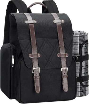 Набір для пікніка на 4 особи з великою ізольованою сумкою-холодильником, набір для пікніка з мішком для вина, водонепроникний плед та набір столових приборів. Ідеально для пляжу, вечірки, подарунок на весілля для пари на 4 особи, чорний